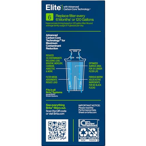 Brita Elite Water Filter Replacement for Pitchers and Dispensers, BPA-Free, Reduces 99% of Lead, Lasts Six Months or 120 Gallons, Includes 1 Pitcher Replacement Filter